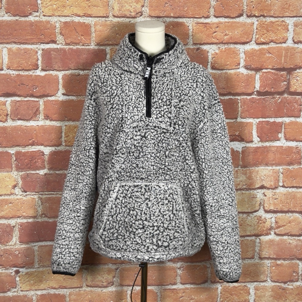 PINK Victoria's Secret Women's Large Gray Sherpa Fleece 1/4 Zip Pullover Logo